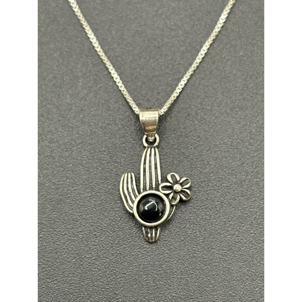 New Condition 18" Sterling Silver Onyx Cactus Pendant Necklace